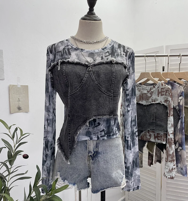 Uveng Solid Shooting Tie-Dye Print Spliced Denim T-Shirt Girl Autumn Design Sense Irregular Hair Side Short-Sleeved Top 2617