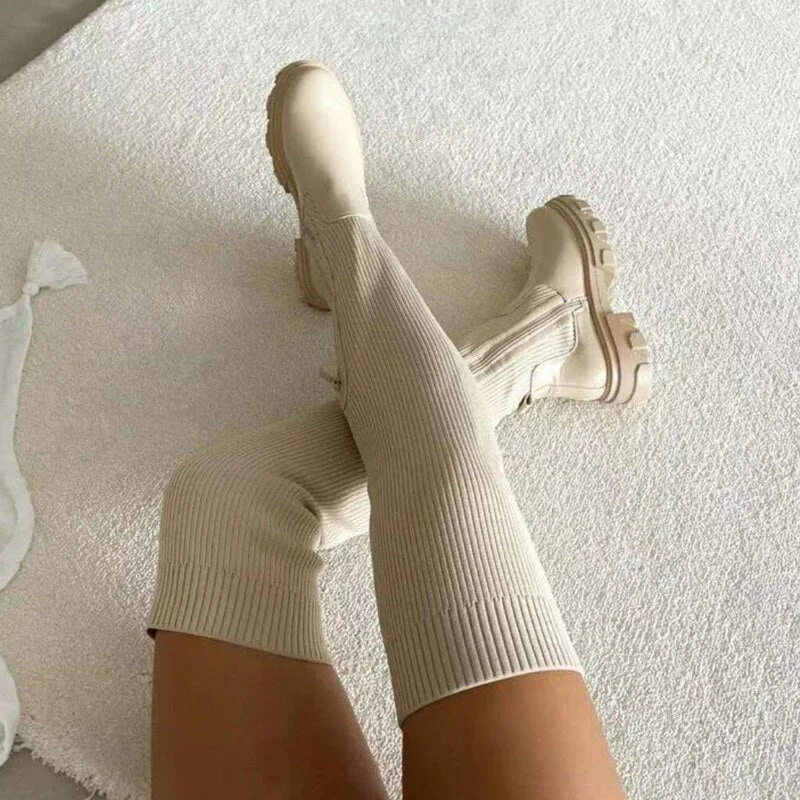 Lucyever 2021 Autumn Platform Over The Knee Boots Women Patchwork Knitting Thick Bottom Long Boots Woman Black Beige Booties