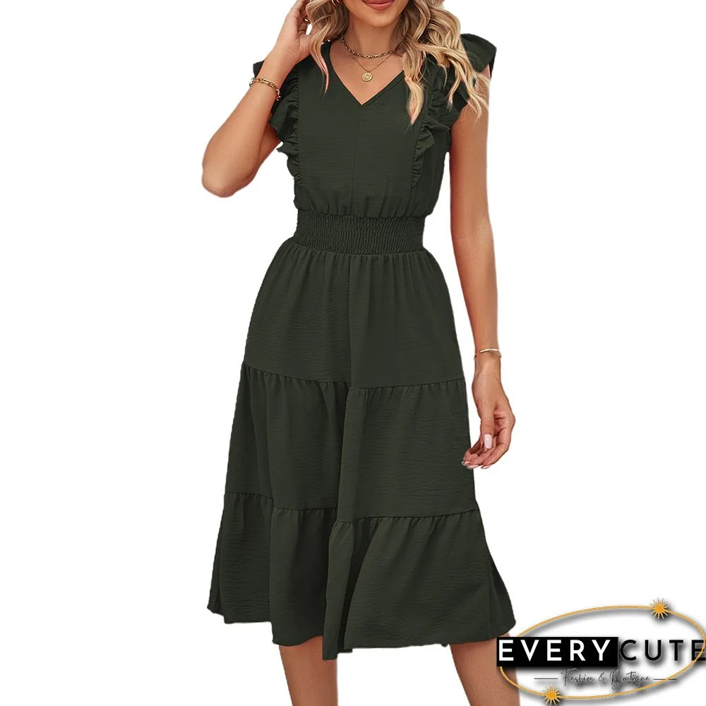 Dark Green Smocked Waist Ruffled Sleeveless Casual Dress