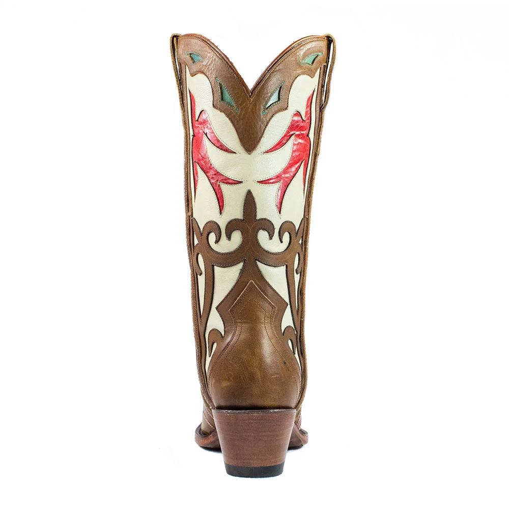 Multicolor Chunky Heel Snip Toe Cowgirl Boots with Decorative Inlay