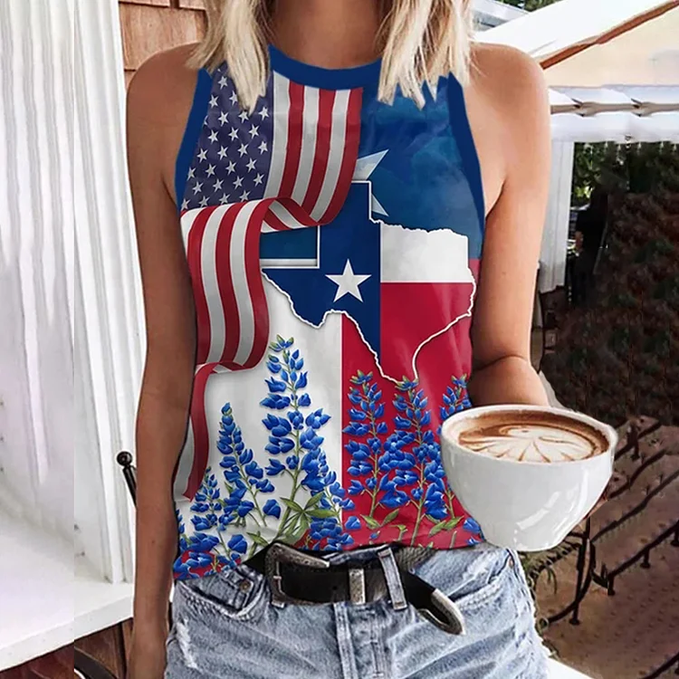 Comstylish 4th of July USA Independence Day Texas Bluebonnet Print Tank Top
