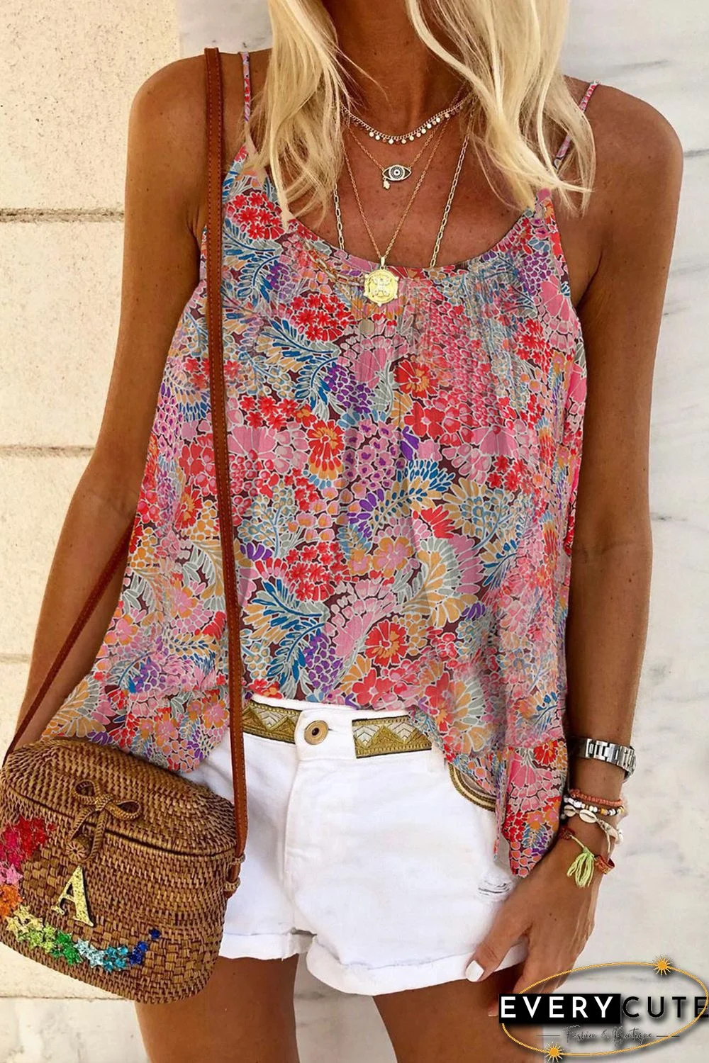 Multicolor Spaghetti Straps Floral Print Sleeveless Top