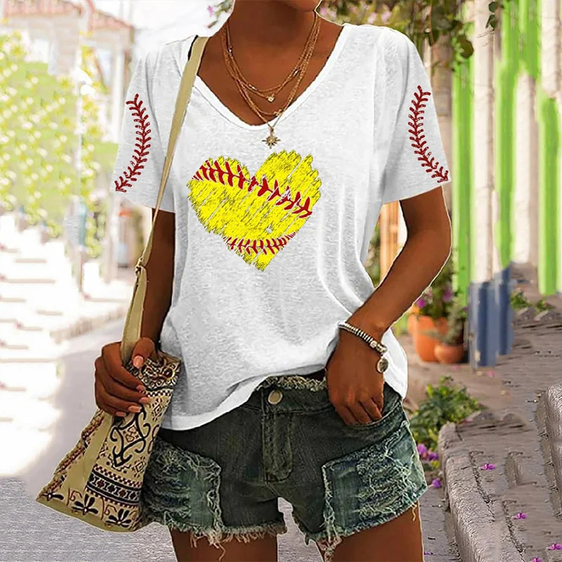 Women's Heart Baseball Print V-Neck T-Shirt