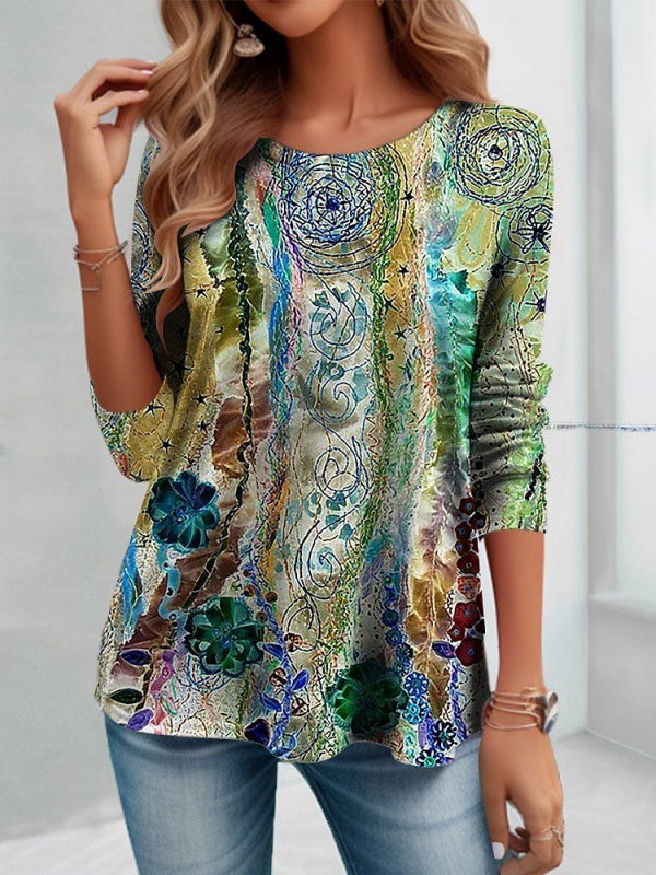 Women Long Sleeve V-neck Graphic Floral Printed Top