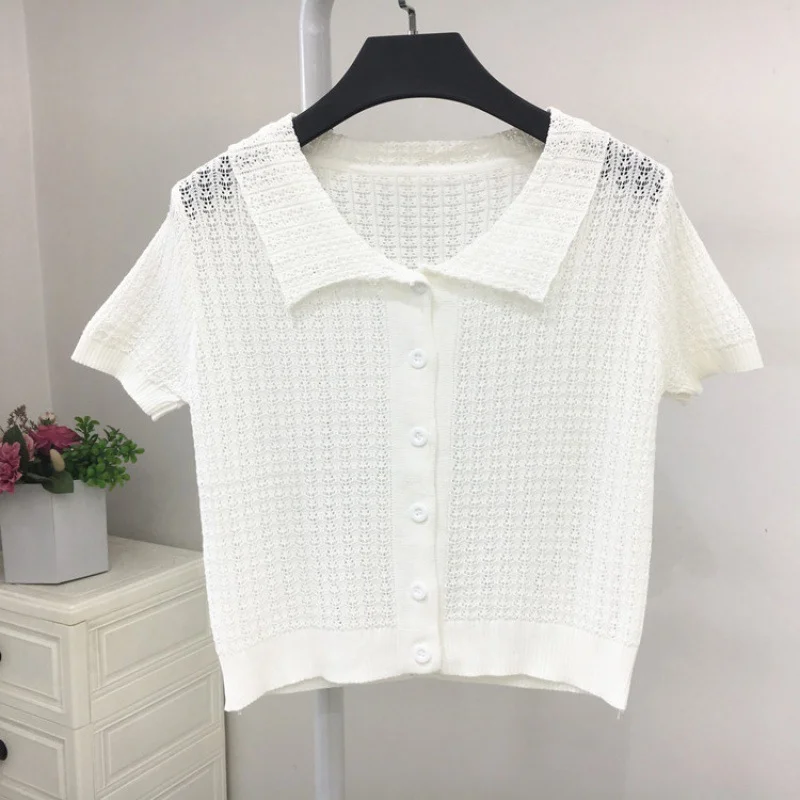 Ueong Sweater Women's 2024 Summer Korean Version Of Single-Breasted Polo Collar Knitted T-Shirt Short Style Short-Sleeved Blouse