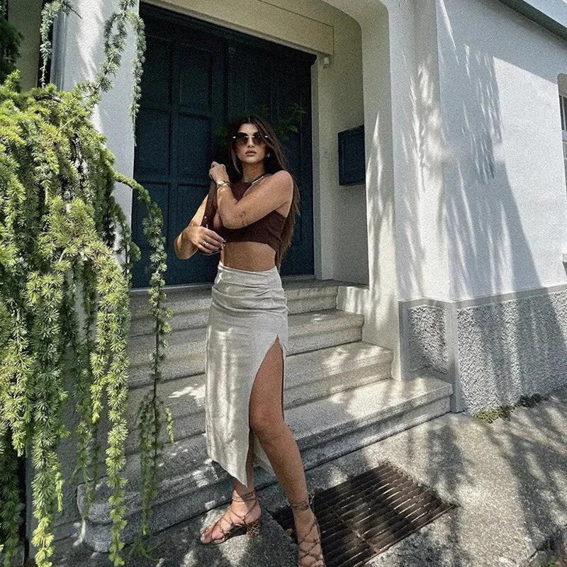 SLMD Stylish Chic Beige Linen Shirts Skirts Suits Women 2021 Fashion Lapel Collar Cropped Blouses Ruched Side Split Skirts Sets