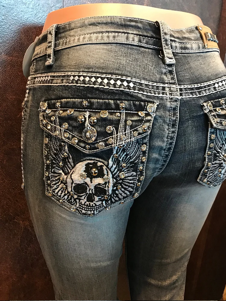 Retro Embroidered Skull Rhinestone Denim Skinny Jeans