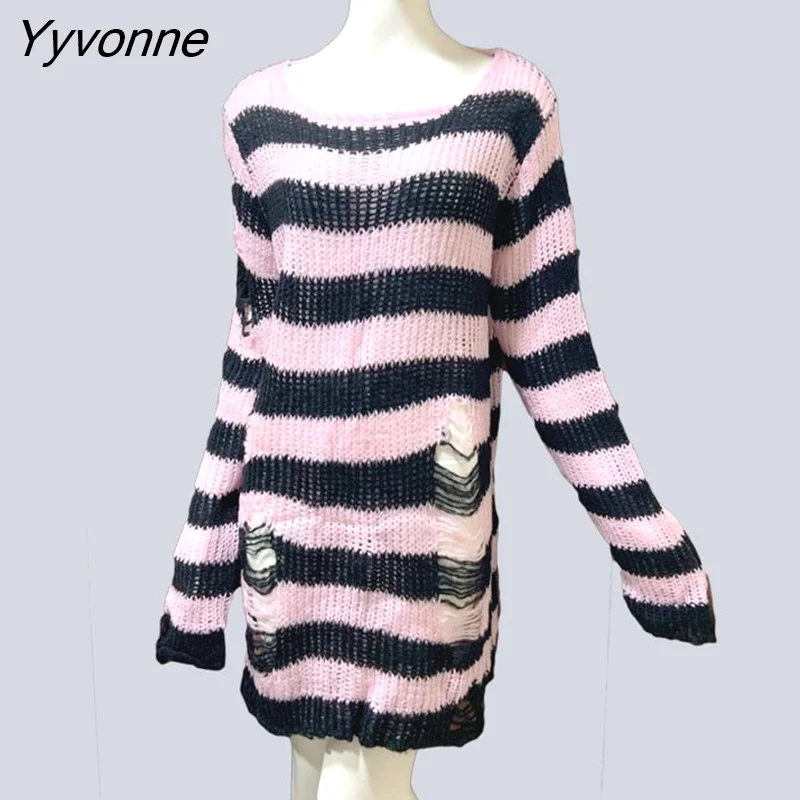 Yyvonne Size Punk Gothic Long Unisex Sweater Dress Cool Hollow Out Hole Broken Jumper Loose Rock Thin Sweter 2023 Women Man Striped 305-0