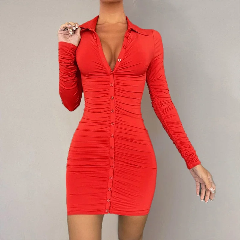 Sexy Bodycon Mini Shirt Dress Long Sleeve Solid Color Outfit Button Down Lapel One-Piece Ruched Women Slim Fashion Clubwear 2021