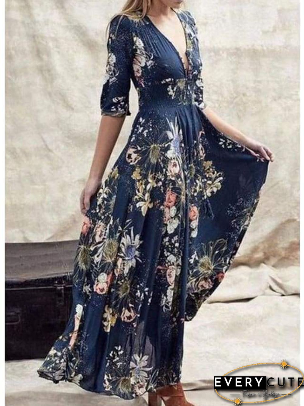 Women's Swing Dress Maxi Long Dress Blue Green Half Sleeve Floral Ruffle Print Summer V Neck Hot Casual Boho S M L XL XXL 3XL 4XL