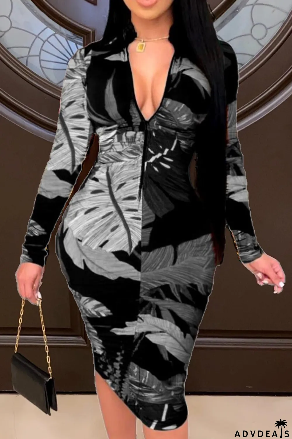 Green Fashion Casual Print Basic Zipper Collar Printed Dress