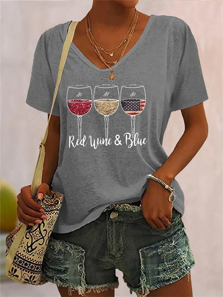 Red Wine Blue Flag Print T Shirt