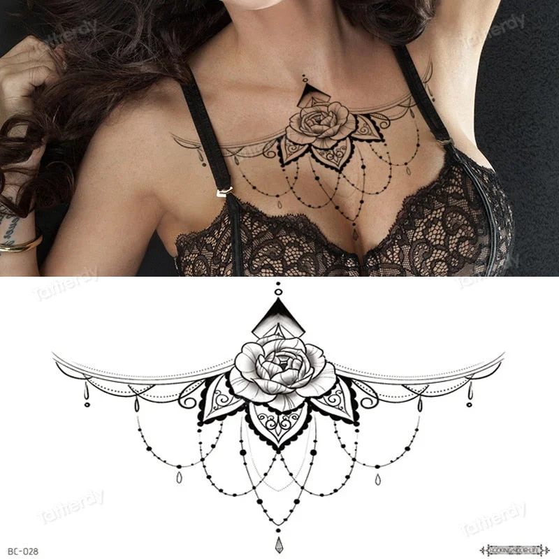 sexy tattoo sticker women lace Amazing Temporary Tattoos jewel black fake henna tattoo breast underboob body art flowers rose