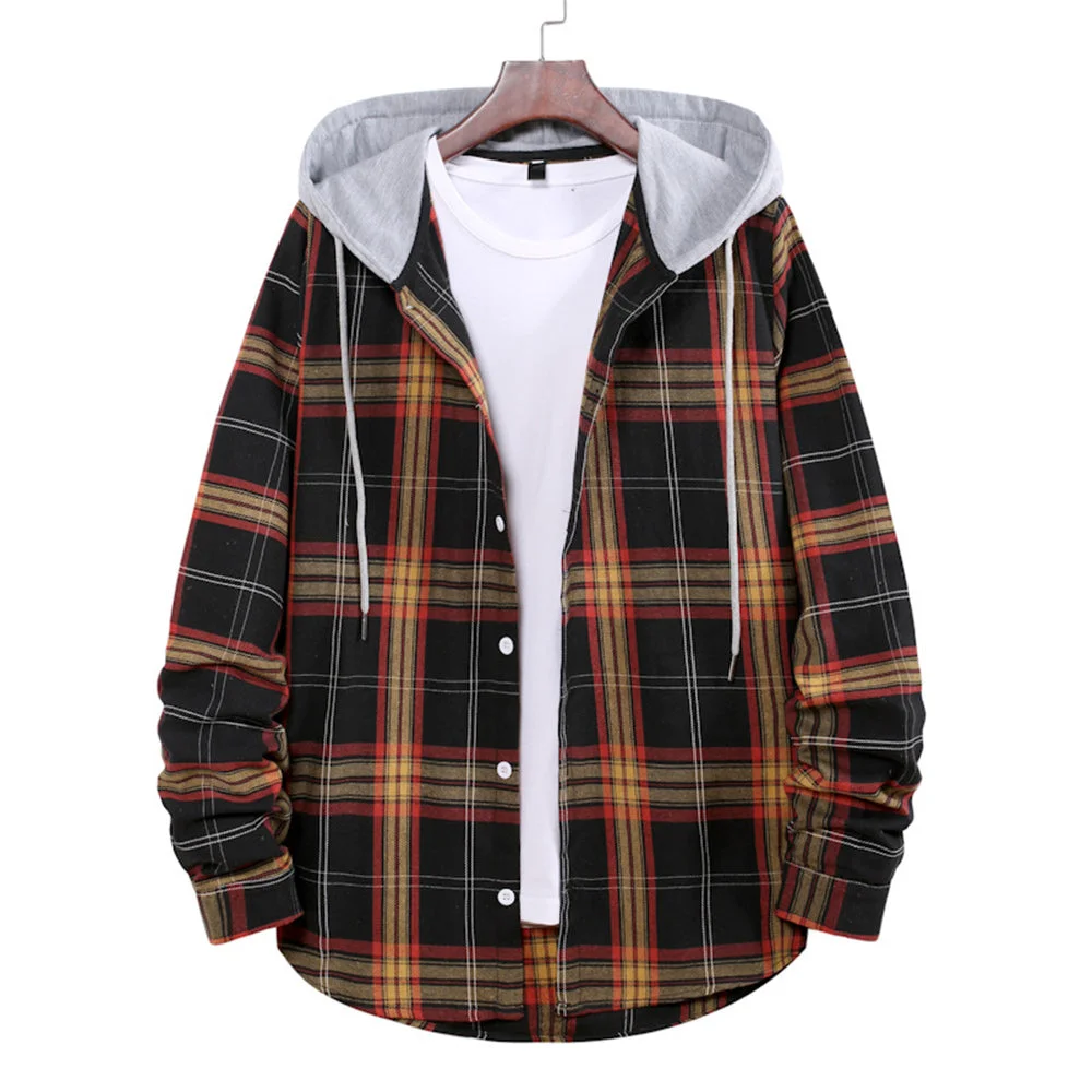 Smiledeer Men's Plaid Hooded Long Sleeve Shirt Jacket