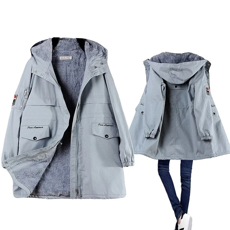 Winter Fleece Women Parka Female Hooded Mid Length Warm Autumn Coat Padded Pink Blue Black Woman Windbreaker Jacket Plus Size