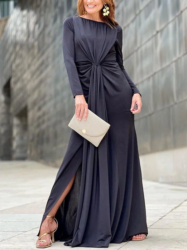 Pleated Pure Color Long Sleeves Roomy Round-Neck Maxi Dresses