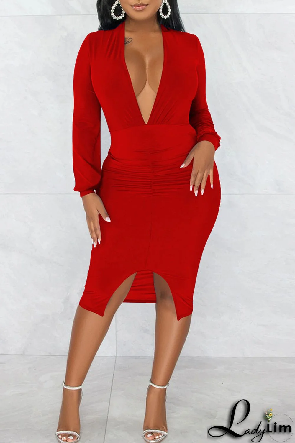 Orange Sexy Solid Patchwork Slit V Neck Long Sleeve Dresses
