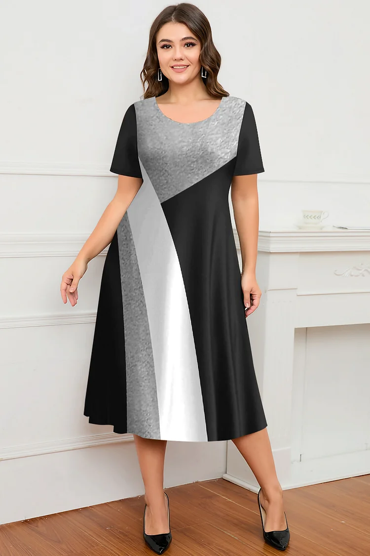 Flycurvy Plus Size Casual Black Colorblock Stitching Tunic Tea-Length Dress  Flycurvy [product_label]