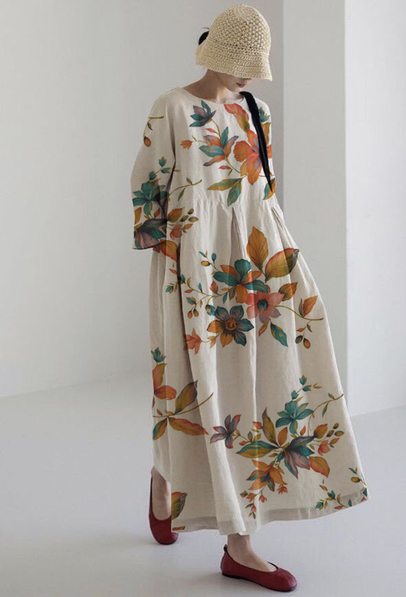 Women's Long Sleeve Large Hem Print Mid Length Dress Holiday Dress