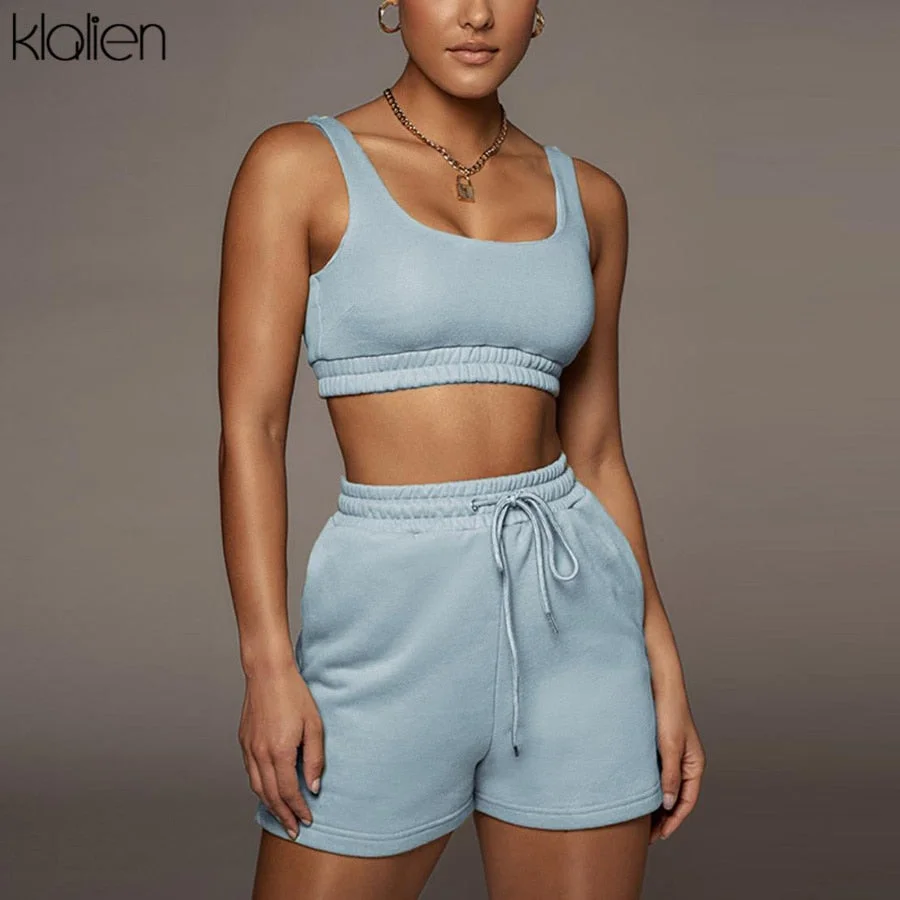 KLALIEN Fashion Casual Soft Cotton Stretch Slim Women Two Piece Set Summer Simple Solid Club Street Home Wear Top and Shorts Set