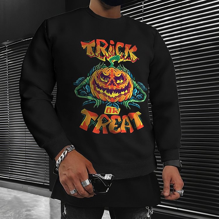 BrosWear Halloween Black Pumpkin Print Long Sleeve Pullover Sweatshirt