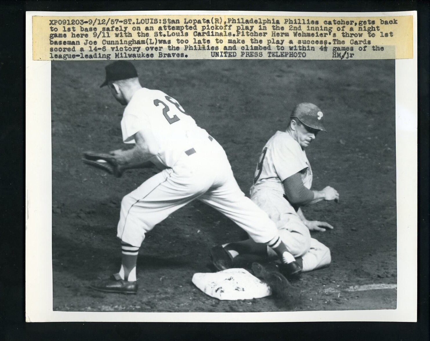 Stan Lopata & Joe Cunningham 1957 Press Photo Poster painting Cardinals Philadelphia Phillies