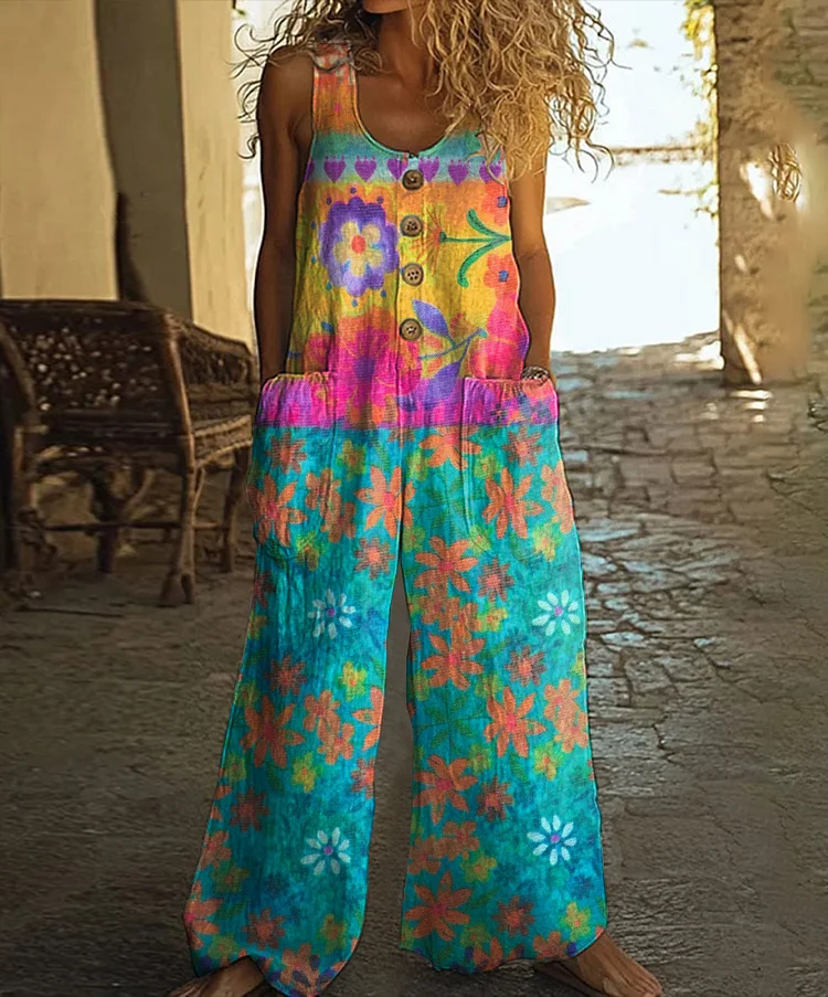 Retro Bohemian Floral Print Casual Wide Leg Jumpsuit