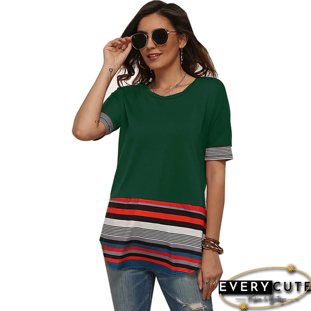 Green Spliced Multicolor Stripe Tunic Top