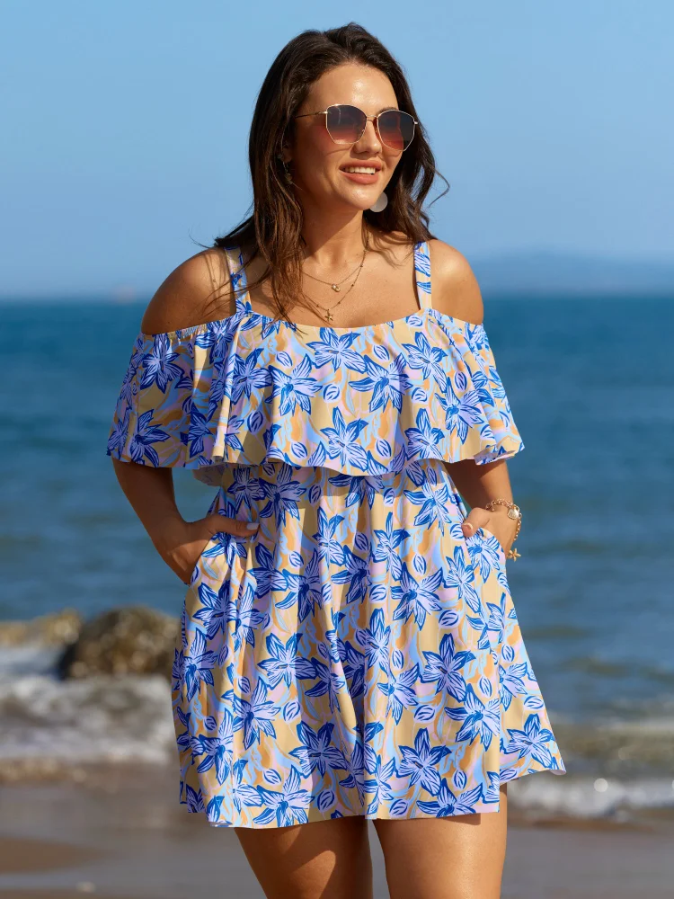 Floral Ruffle Trim Off Shoulder Pockets Swim Dress