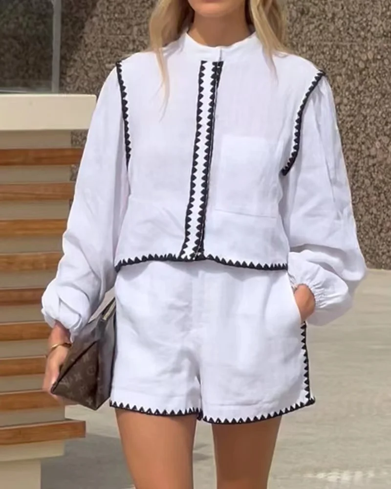Brownm Brownm Summer Women's Round Collar Solid Color Long Sleeve Sticker Lace Shorts Two-Piece Set