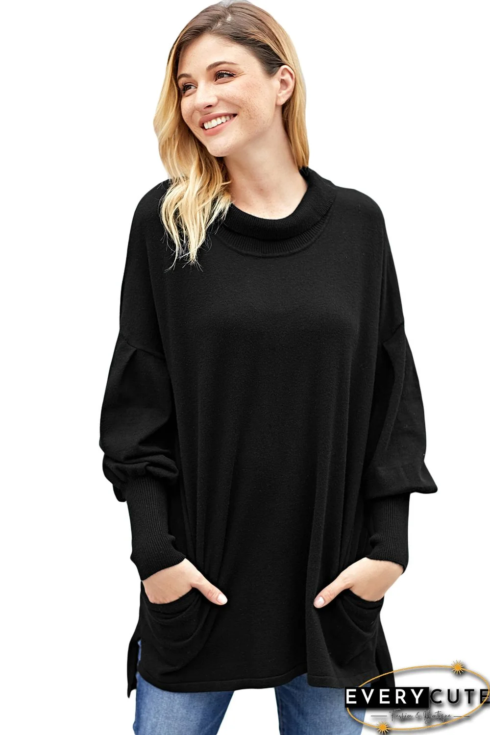 Black Slope Side Snuggles Tunic Sweater