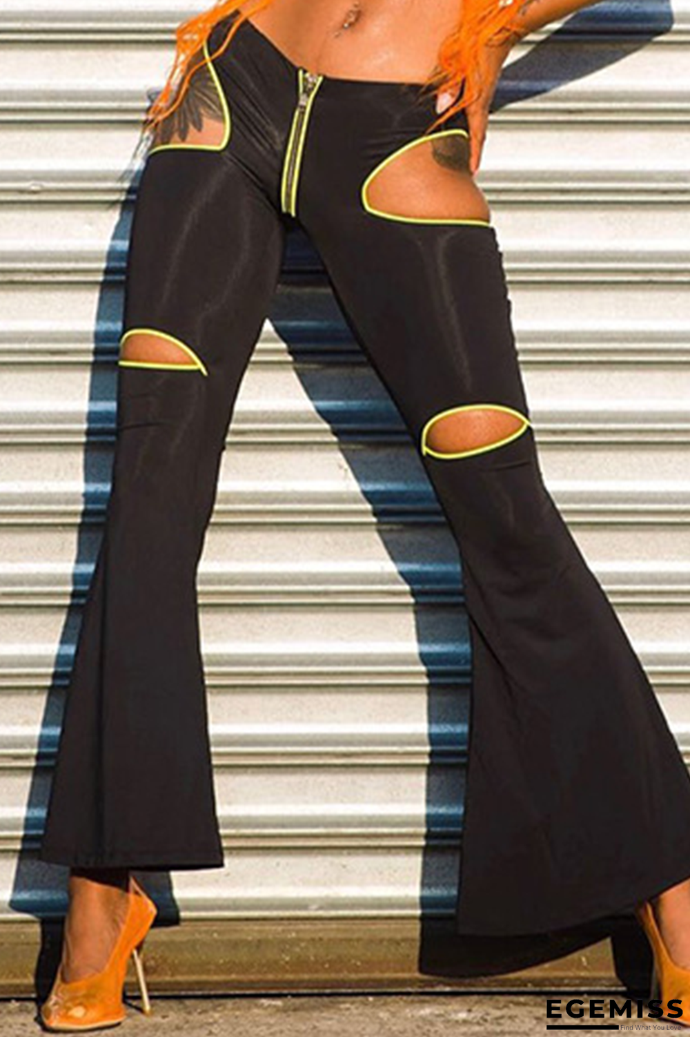 Black Sexy Solid Hollowed Out Boot Cut Mid Waist Speaker Solid Color Bottoms | EGEMISS