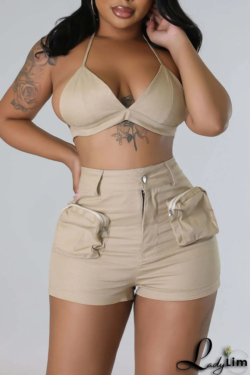 Olive Green Sexy Street Solid Patchwork Pocket Backless Sleeveless Two Pieces