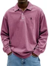 Men's Retro Washed Distressed Cotton Lapel Long Sleeve Polo Shirt