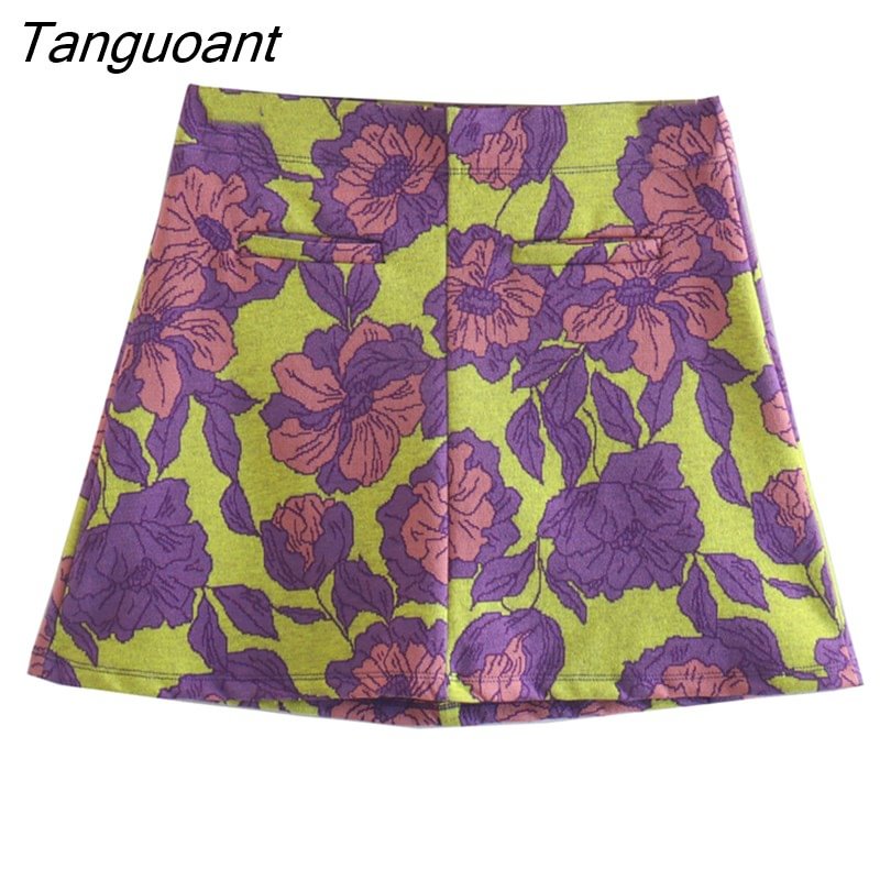 Tanguoant Women Fashion Two Piece Set Floral Printed Cropped Camisole Vintage High Waist Mini Skirt Woman Outfit Dress Set Suits