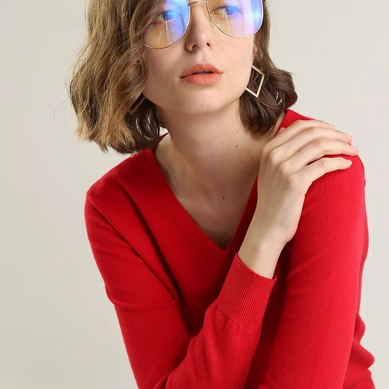 Women Sweater 2020 New V-neck Female Long-sleeved Knitted Pullover Jumper Pull Femme Clothes White Loose Thin Good Quality