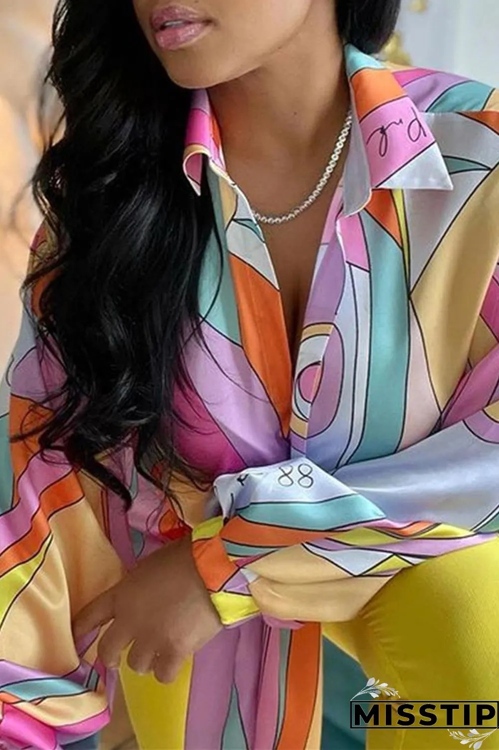 Pink Fashion Casual Print Bandage Patchwork Turndown Collar Plus Size Tops