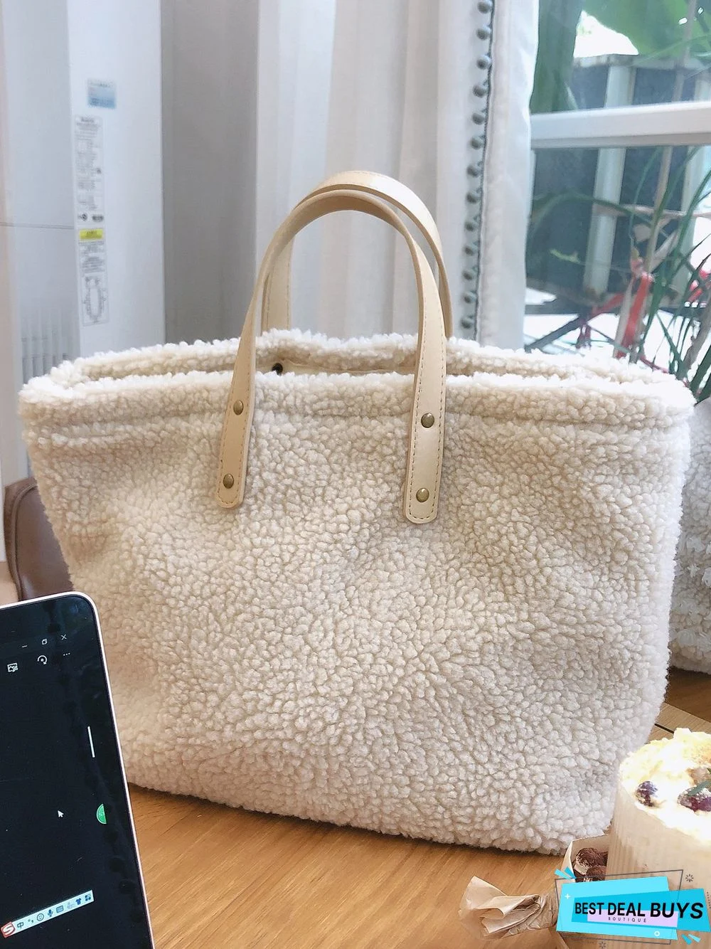 Pure Color Lambswool Large Capacity Handbag