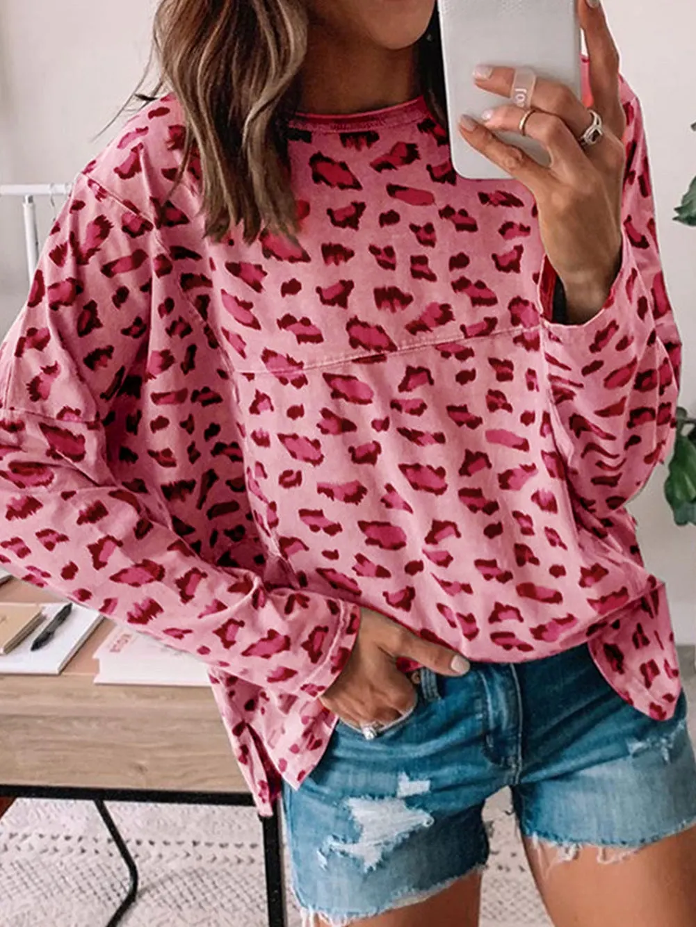 Pink Leopard Print Relaxed Fit Long Sleeve Top
