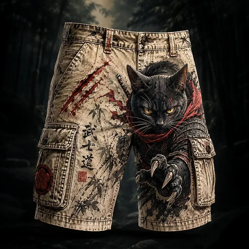 Men's Retro Black Cat Samurai With Bamboo Print Casual Cargo Shorts  artssus