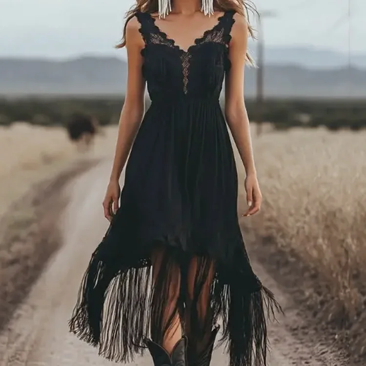 Lace V Neck Sleeveless Fringe Hem Midi Dress
