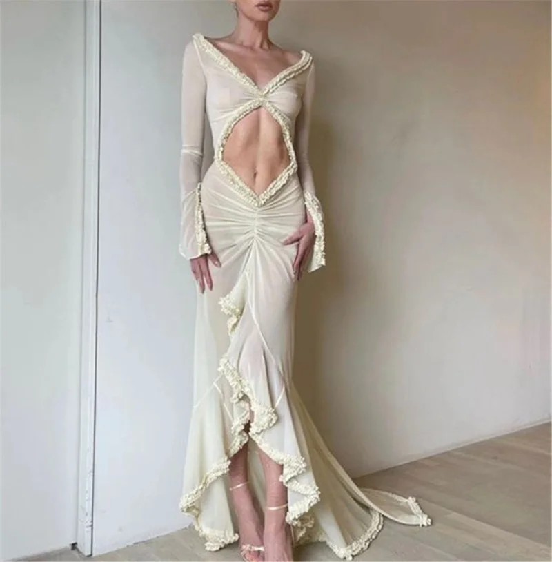 Sexy Women Long Sleeve V Neck Chemise Mesh Nightwear Long Gown Frill Trim Sheer Maxi Dress