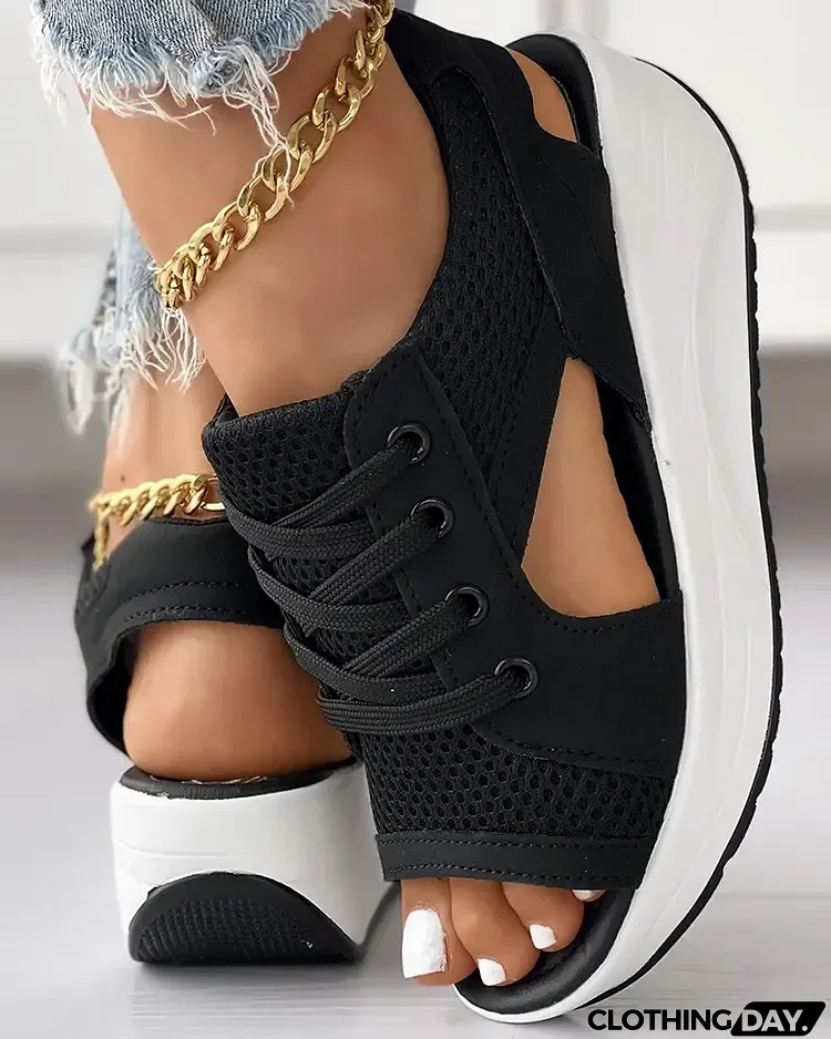 Contrast Paneled Cutout Lace-up Muffin Sandals