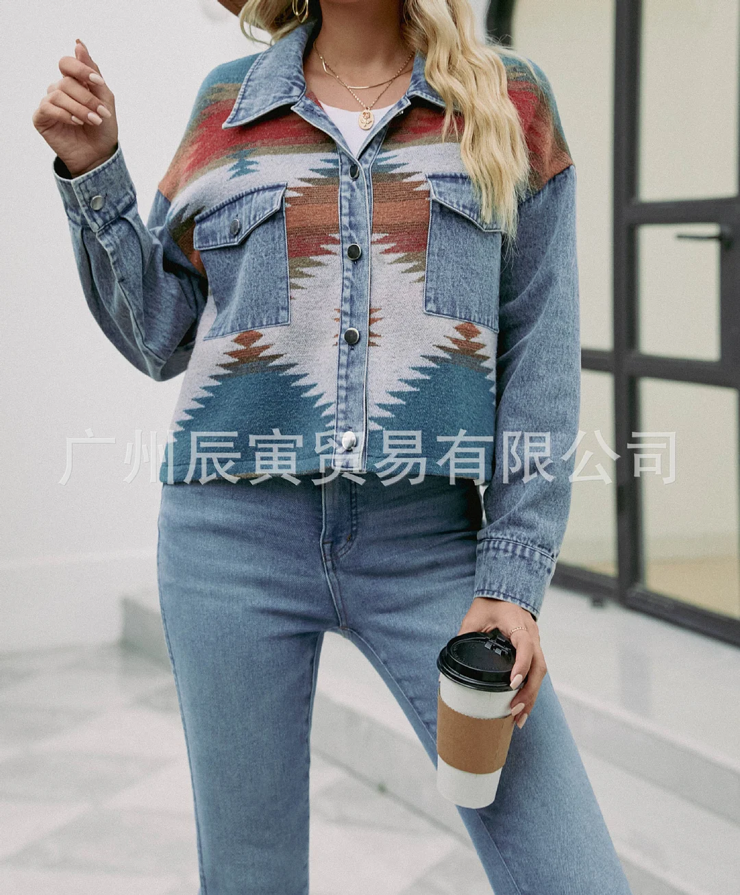 Toloer The Ins New 2023 Ladies Early Spring Geometric Woolen Denim Stitching Button Lapel Short Coat-Outfit Ideas