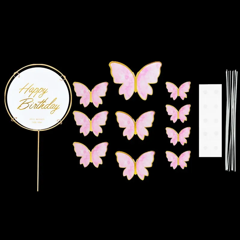 1Set Happy Birthday Cake Toppers Cake Decoration Handmade Butterfly Cupcake Topper For Wedding Birthday Party Baby Shower Baking