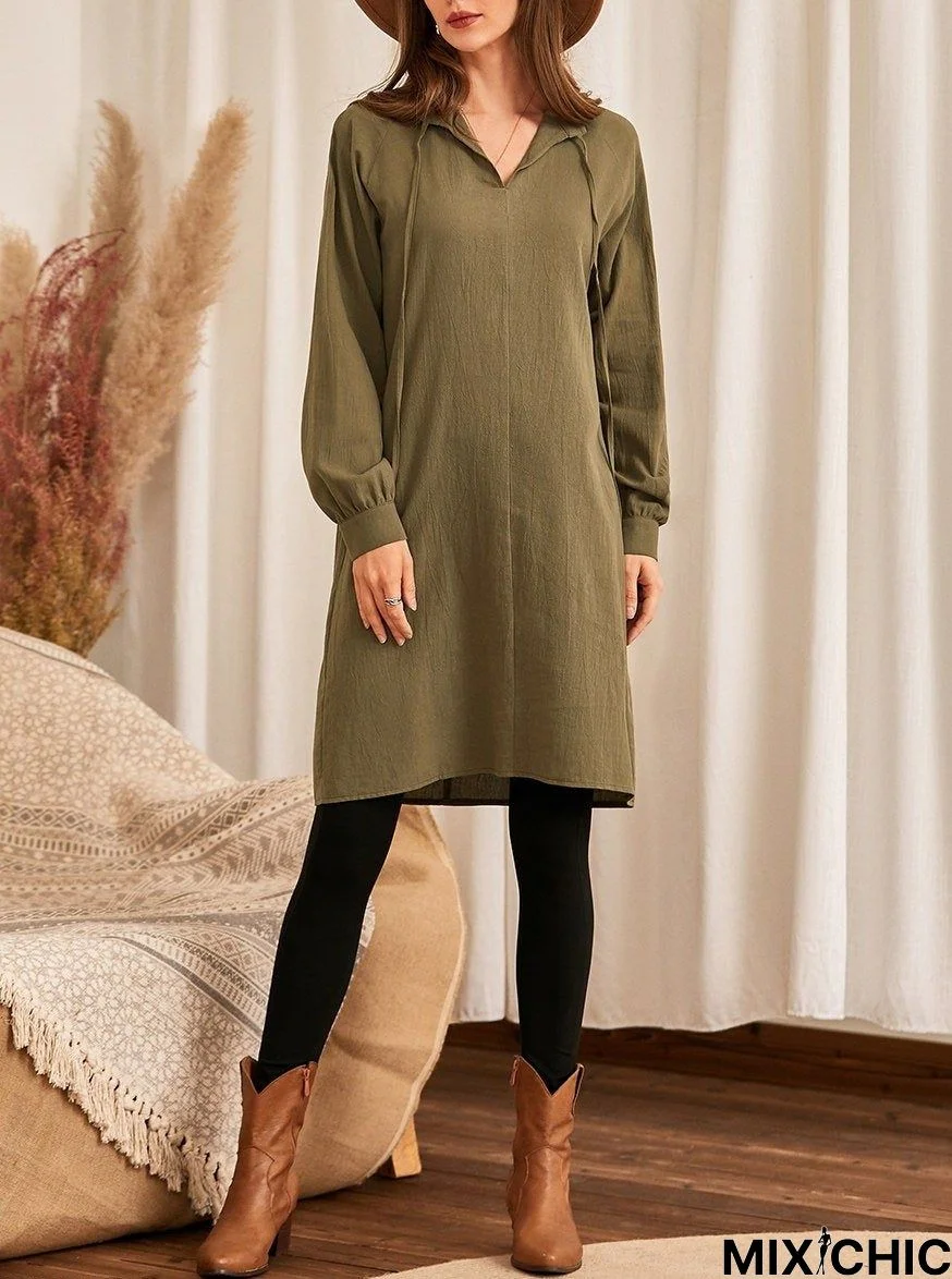 Pure Color Cotton and Linen Lace Casual Loose V-Neck Puff Sleeve Dress Linen