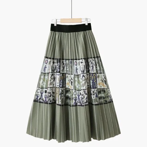 Contrast Striped Midi Long Skirt for Women  Spring Print A Line High Waist Pleated Mid-length Skirt Female