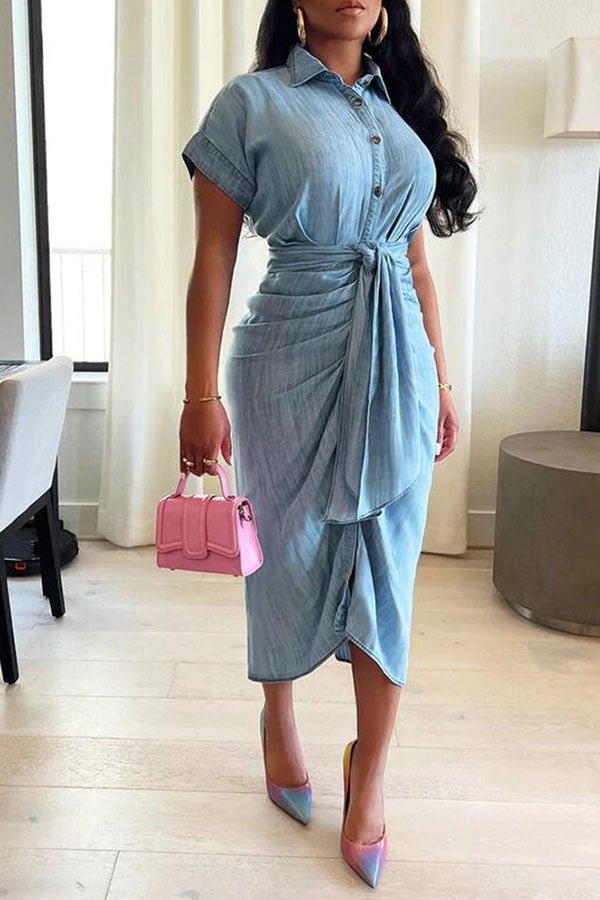 Solid Color Single Breasted On-trend Tie Front Ruched Denim Midi Dress