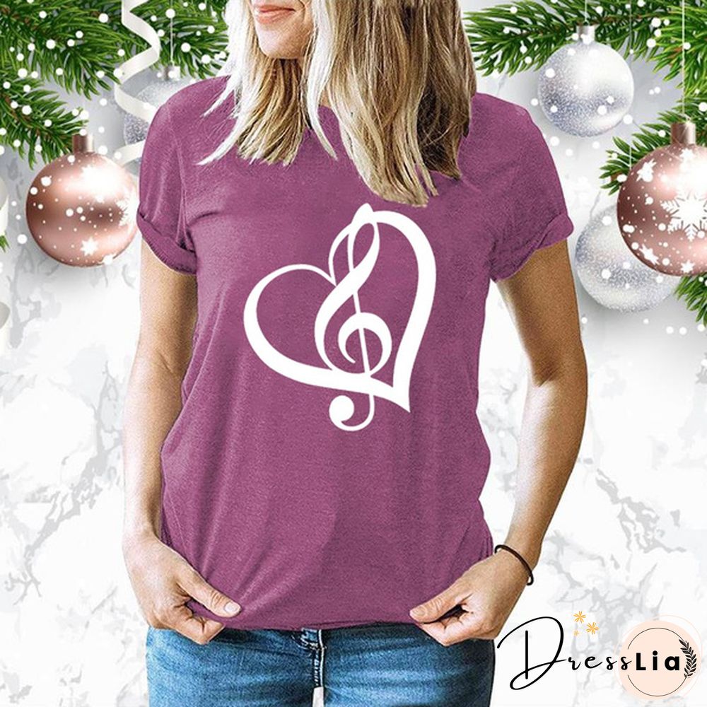Cute Music Printed T-Shirts Women Short Sleeve Funny Round Neck Tee Shirt Casual Summer Tops