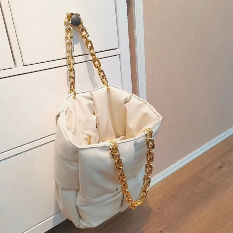 fashion thick chains leather woven women shoulder bags designer down cotton handbgas luxury pu space cotton large capacity tote